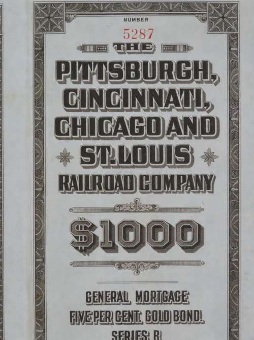 1925 Pittsburgh Cincinati Chicago and St Louis Railroad Company, $1000 Gold Bond Certificate 5287