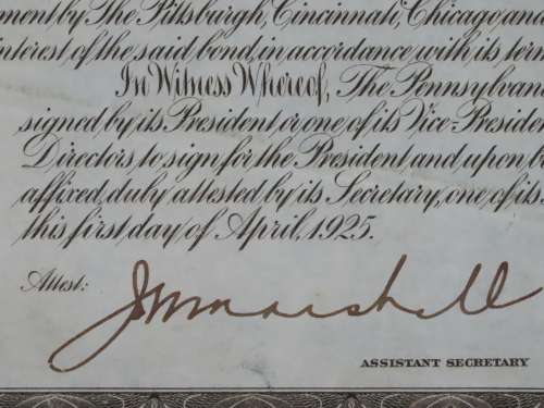 1925 Pittsburgh Cincinati Chicago and St Louis Railroad Company, $1000 Gold Bond Certificate 5287