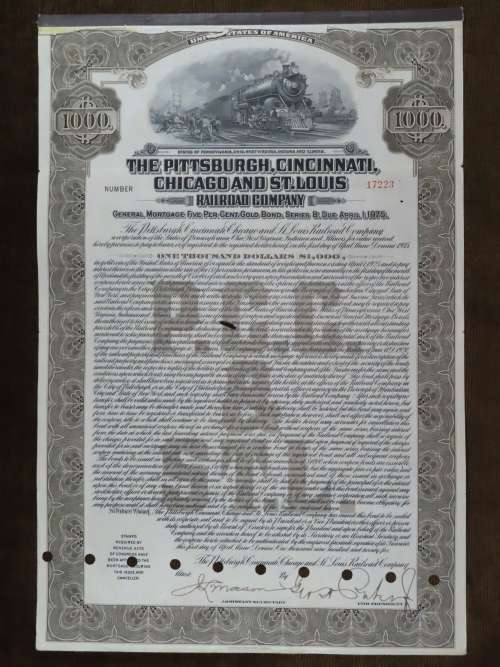 1925 Pittsburgh Cincinati Chicago and St Louis Railroad Company, $1000 Gold Bond Certificate 17223