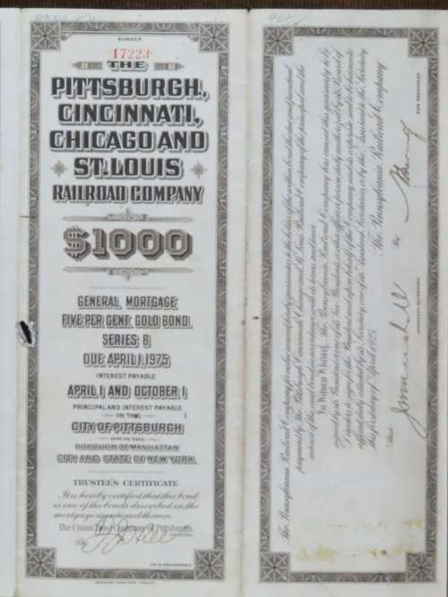 1925 Pittsburgh Cincinati Chicago and St Louis Railroad Company, $1000 Gold Bond Certificate 17223