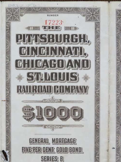 1925 Pittsburgh Cincinati Chicago and St Louis Railroad Company, $1000 Gold Bond Certificate 17223