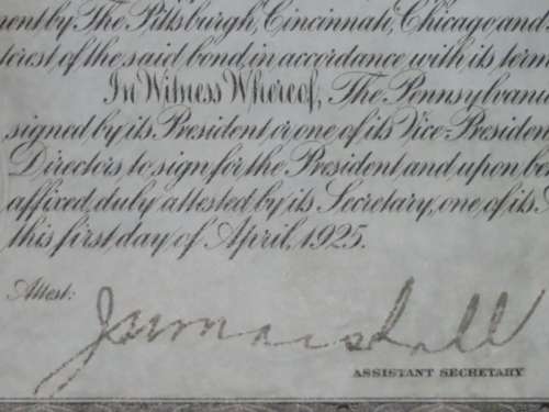 1925 Pittsburgh Cincinati Chicago and St Louis Railroad Company, $1000 Gold Bond Certificate 14829