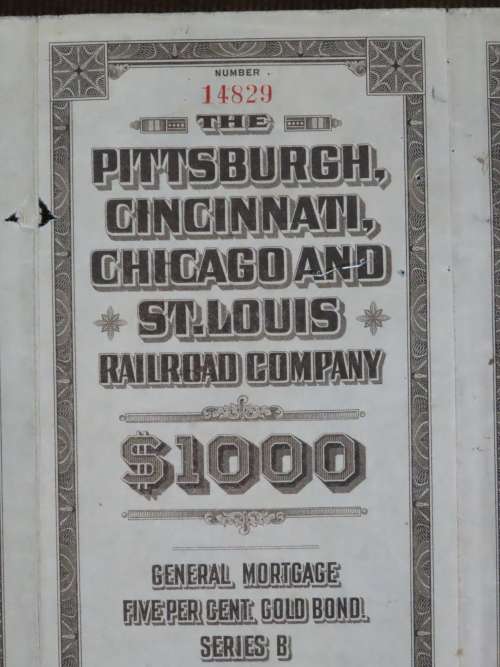 1925 Pittsburgh Cincinati Chicago and St Louis Railroad Company, $1000 Gold Bond Certificate 14829