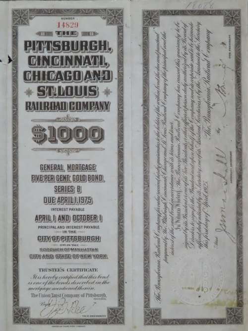 1925 Pittsburgh Cincinati Chicago and St Louis Railroad Company, $1000 Gold Bond Certificate 14829