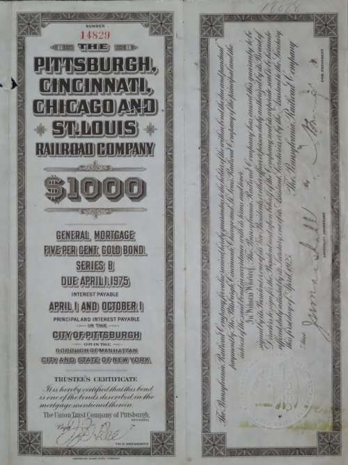 1925 Pittsburgh Cincinati Chicago and St Louis Railroad Company, $1000 Gold Bond Certificate 14829