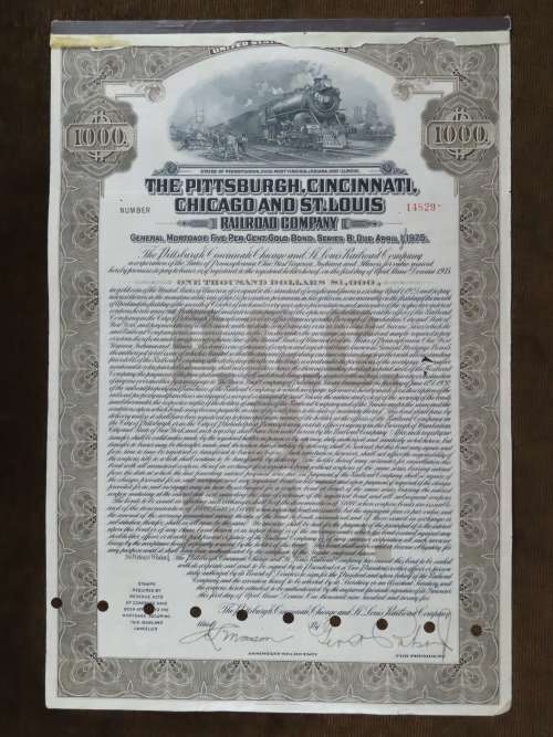 1925 Pittsburgh Cincinati Chicago and St Louis Railroad Company, $1000 Gold Bond Certificate 14829
