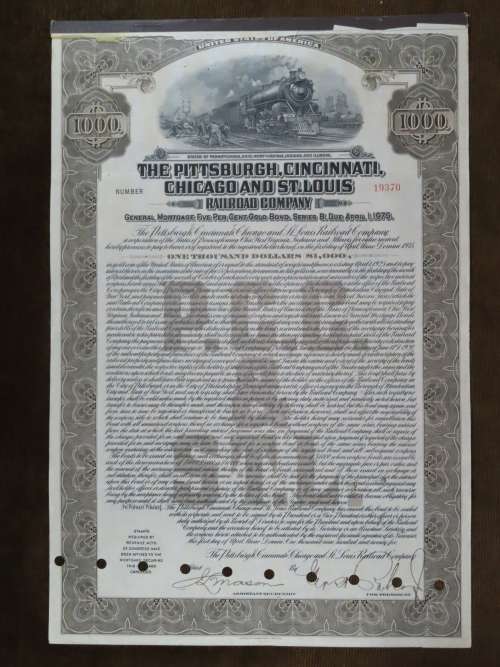 1925 Pittsburgh Cincinati Chicago and St Louis Railroad Company, $1000 Gold Bond Certificate 19370