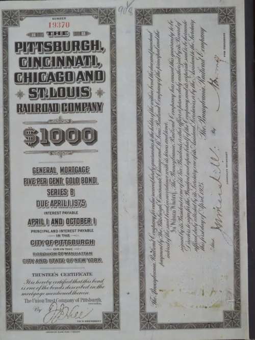 1925 Pittsburgh Cincinati Chicago and St Louis Railroad Company, $1000 Gold Bond Certificate 19370