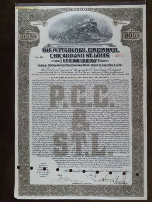 1925 Pittsburgh Cincinati Chicago and St Louis Railroad Company, $1000 Gold Bond Certificate 25564
