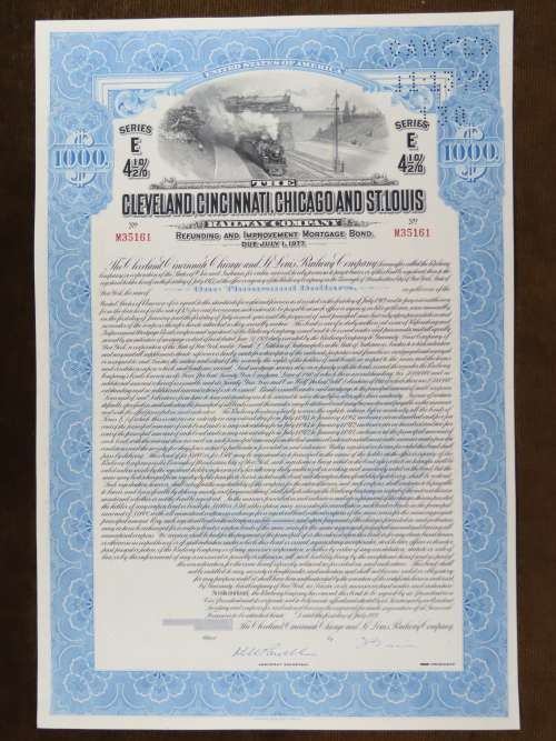 1927 Cleveland Cincinnati Chicago and St Louis Railway Company, $1000 Bond Certificate M35161