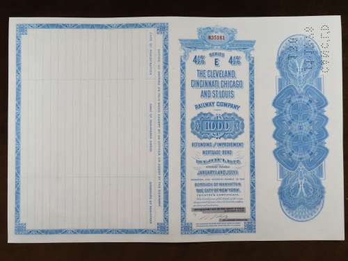 1927 Cleveland Cincinnati Chicago and St Louis Railway Company, $1000 Bond Certificate M35161