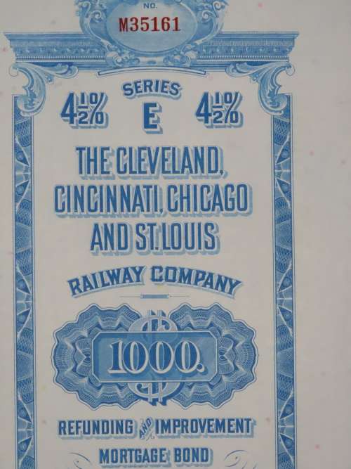 1927 Cleveland Cincinnati Chicago and St Louis Railway Company, $1000 Bond Certificate M35161