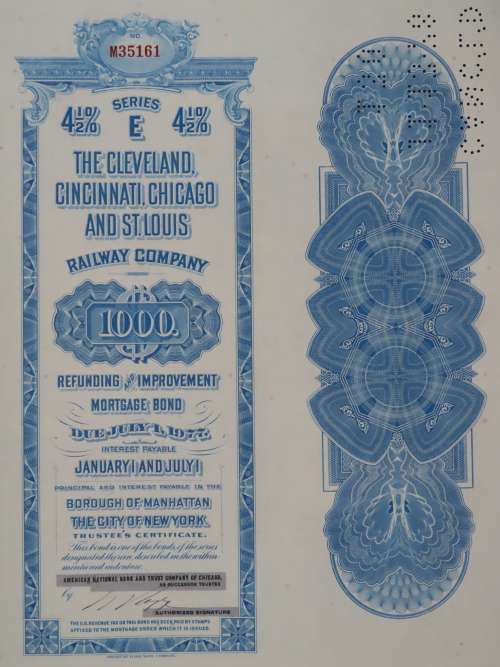 1927 Cleveland Cincinnati Chicago and St Louis Railway Company, $1000 Bond Certificate M35161