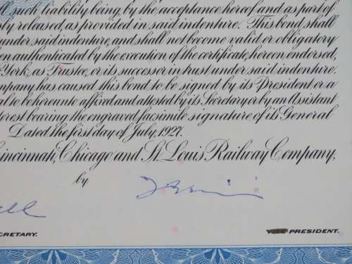 1927 Cleveland Cincinnati Chicago and St Louis Railway Company, $1000 Bond Certificate M35196
