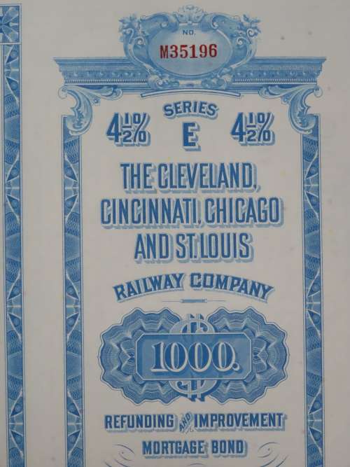 1927 Cleveland Cincinnati Chicago and St Louis Railway Company, $1000 Bond Certificate M35196