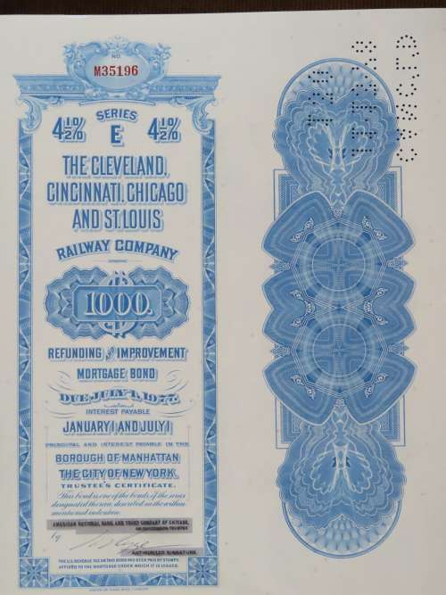 1927 Cleveland Cincinnati Chicago and St Louis Railway Company, $1000 Bond Certificate M35196