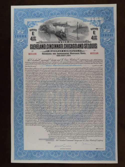 1927 Cleveland Cincinnati Chicago and St Louis Railway Company, $1000 Bond Certificate M35196