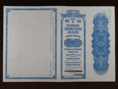 1927 Cleveland Cincinnati Chicago and St Louis Railway Company, $1000 Bond Certificate M35196