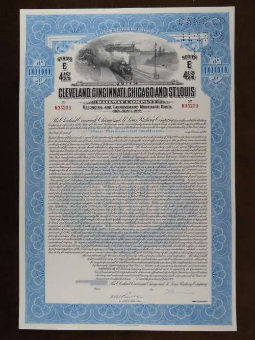 1927 Cleveland Cincinnati Chicago and St Louis Railway Company, $1000 Bond Certificate M35233