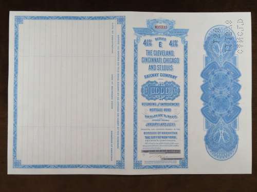 1927 Cleveland Cincinnati Chicago and St Louis Railway Company, $1000 Bond Certificate M35233