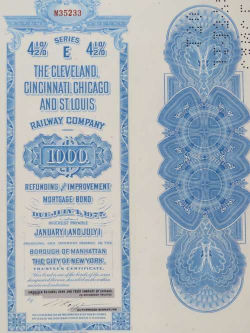 1927 Cleveland Cincinnati Chicago and St Louis Railway Company, $1000 Bond Certificate M35233