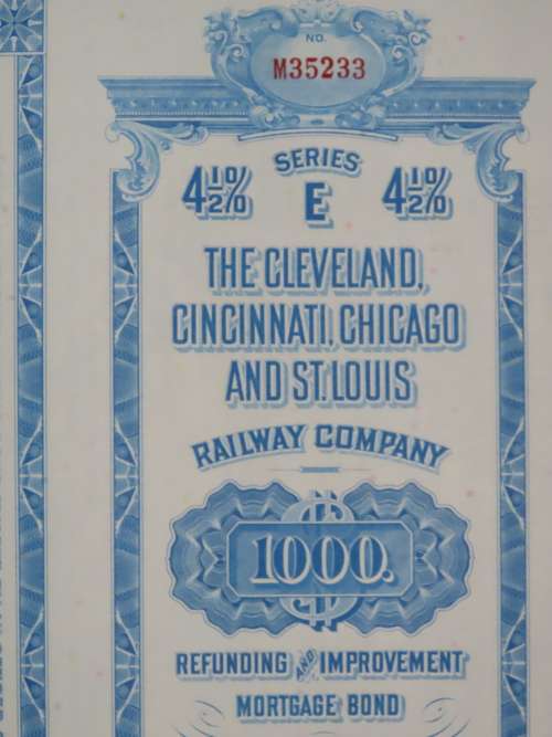 1927 Cleveland Cincinnati Chicago and St Louis Railway Company, $1000 Bond Certificate M35233