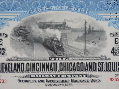1927 Cleveland Cincinnati Chicago and St Louis Railway Company, $1000 Bond Certificate M35233