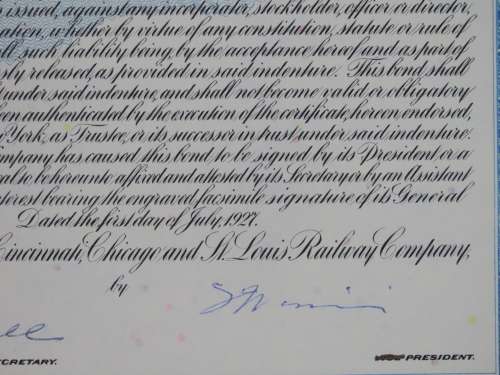 1927 Cleveland Cincinnati Chicago and St Louis Railway Company, $1000 Bond Certificate M35233