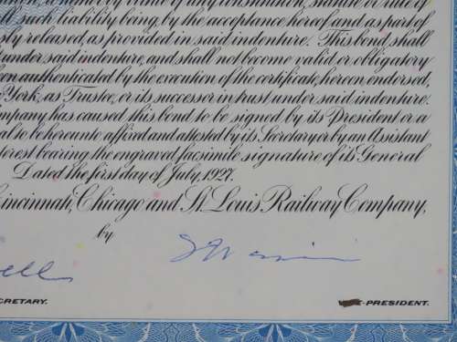 1927 Cleveland Cincinnati Chicago and St Louis Railway Company, $1000 Bond Certificate M35290