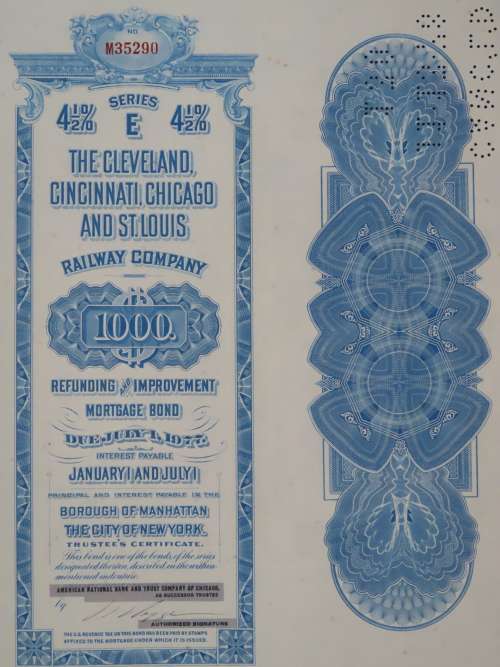 1927 Cleveland Cincinnati Chicago and St Louis Railway Company, $1000 Bond Certificate M35290