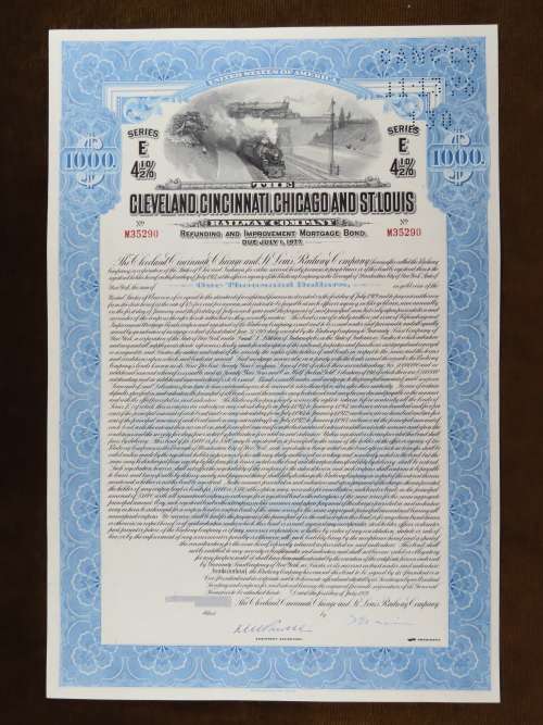 1927 Cleveland Cincinnati Chicago and St Louis Railway Company, $1000 Bond Certificate M35290