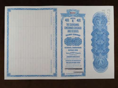 1927 Cleveland Cincinnati Chicago and St Louis Railway Company, $1000 Bond Certificate M35290