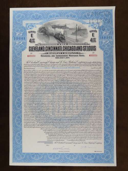 1927 Cleveland Cincinnati Chicago and St Louis Railway Company, $1000 Bond Certificate M35550