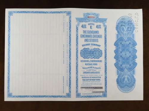 1927 Cleveland Cincinnati Chicago and St Louis Railway Company, $1000 Bond Certificate M35550