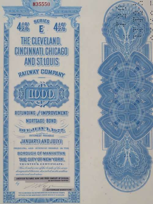 1927 Cleveland Cincinnati Chicago and St Louis Railway Company, $1000 Bond Certificate M35550