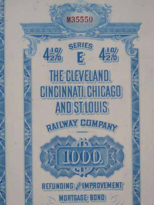1927 Cleveland Cincinnati Chicago and St Louis Railway Company, $1000 Bond Certificate M35550