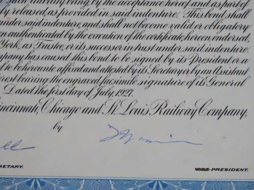 1927 Cleveland Cincinnati Chicago and St Louis Railway Company, $1000 Bond Certificate M35731
