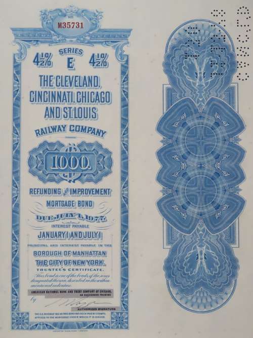 1927 Cleveland Cincinnati Chicago and St Louis Railway Company, $1000 Bond Certificate M35731