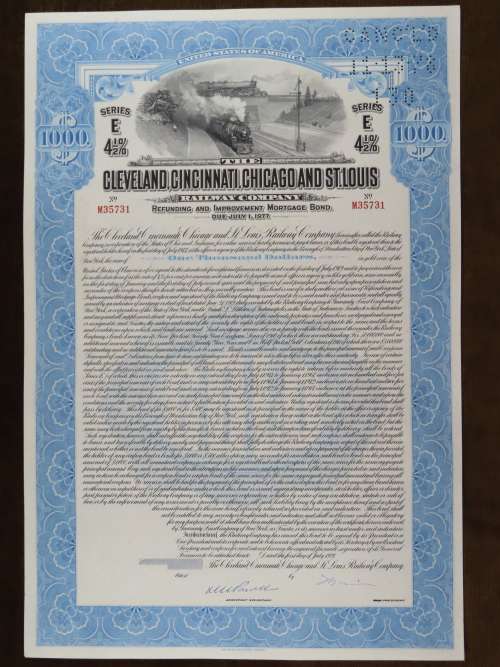 1927 Cleveland Cincinnati Chicago and St Louis Railway Company, $1000 Bond Certificate M35731