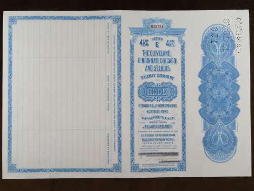 1927 Cleveland Cincinnati Chicago and St Louis Railway Company, $1000 Bond Certificate M35731