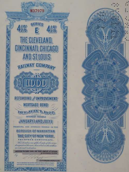 1927 Cleveland Cincinnati Chicago and St Louis Railway Company, $1000 Bond Certificate M37979