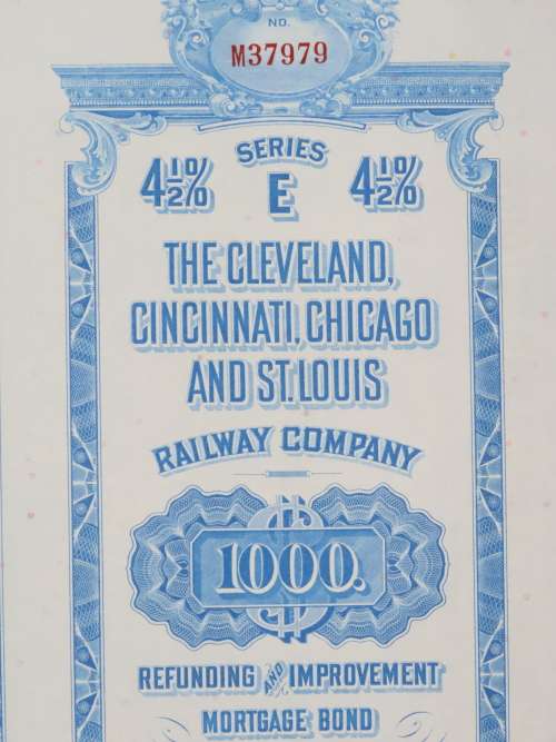 1927 Cleveland Cincinnati Chicago and St Louis Railway Company, $1000 Bond Certificate M37979