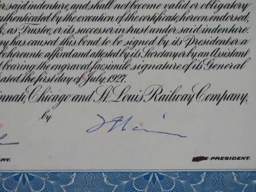 1927 Cleveland Cincinnati Chicago and St Louis Railway Company, $1000 Bond Certificate M38034