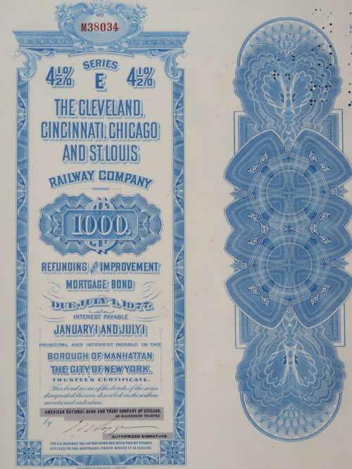 1927 Cleveland Cincinnati Chicago and St Louis Railway Company, $1000 Bond Certificate M38034
