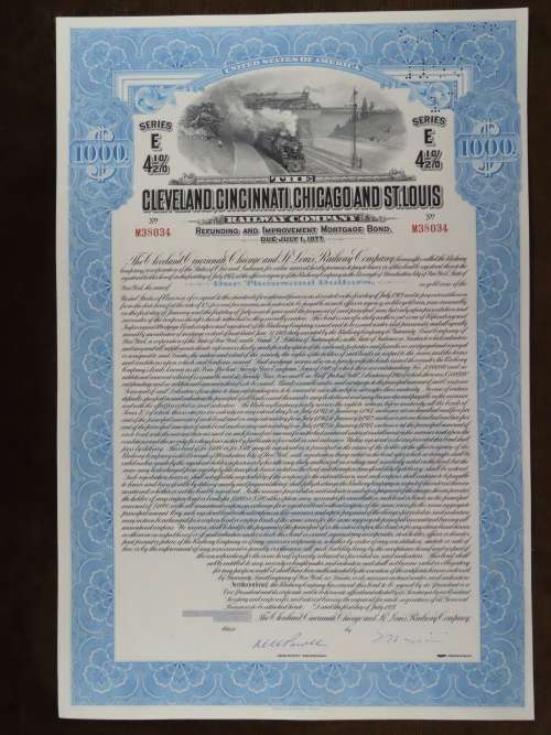 1927 Cleveland Cincinnati Chicago and St Louis Railway Company, $1000 Bond Certificate M38034