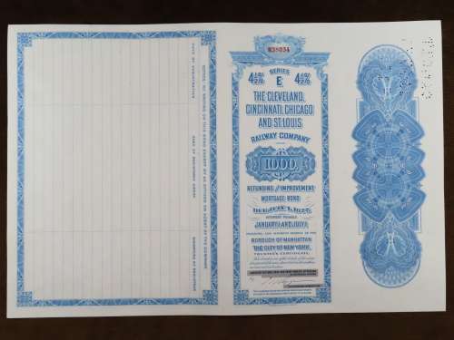 1927 Cleveland Cincinnati Chicago and St Louis Railway Company, $1000 Bond Certificate M38034
