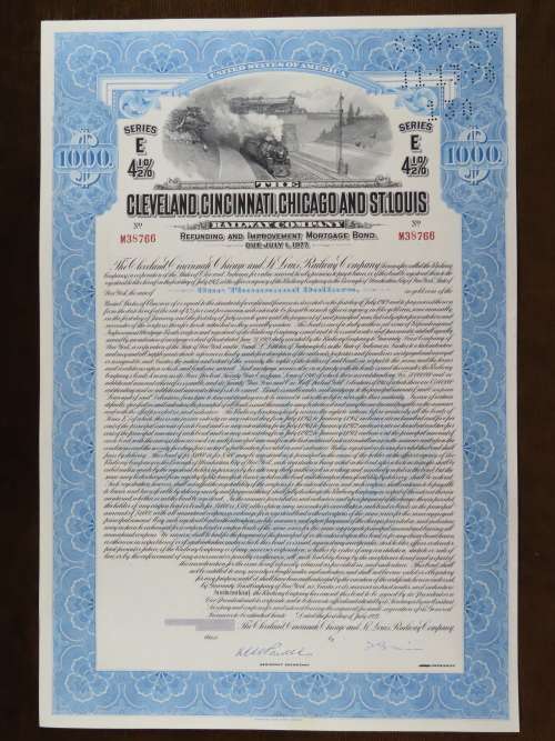 1927 Cleveland Cincinnati Chicago and St Louis Railway Company, $1000 Bond Certificate M38766