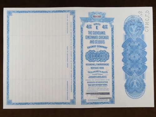 1927 Cleveland Cincinnati Chicago and St Louis Railway Company, $1000 Bond Certificate M38766