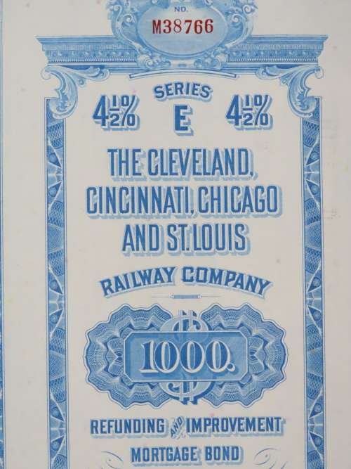 1927 Cleveland Cincinnati Chicago and St Louis Railway Company, $1000 Bond Certificate M38766