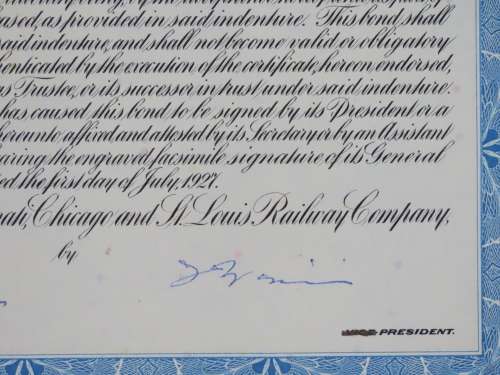 1927 Cleveland Cincinnati Chicago and St Louis Railway Company, $1000 Bond Certificate M38766